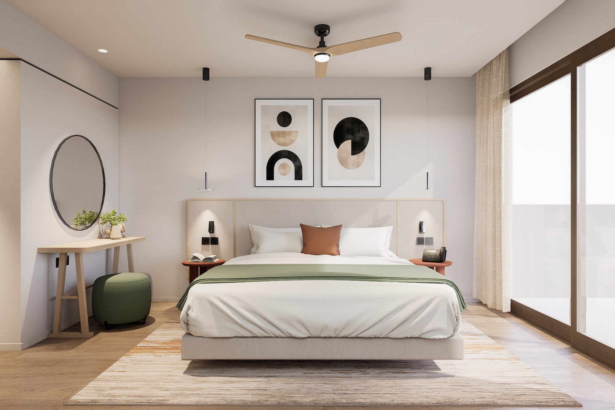 a bedroom with a bed and a desk and artwork