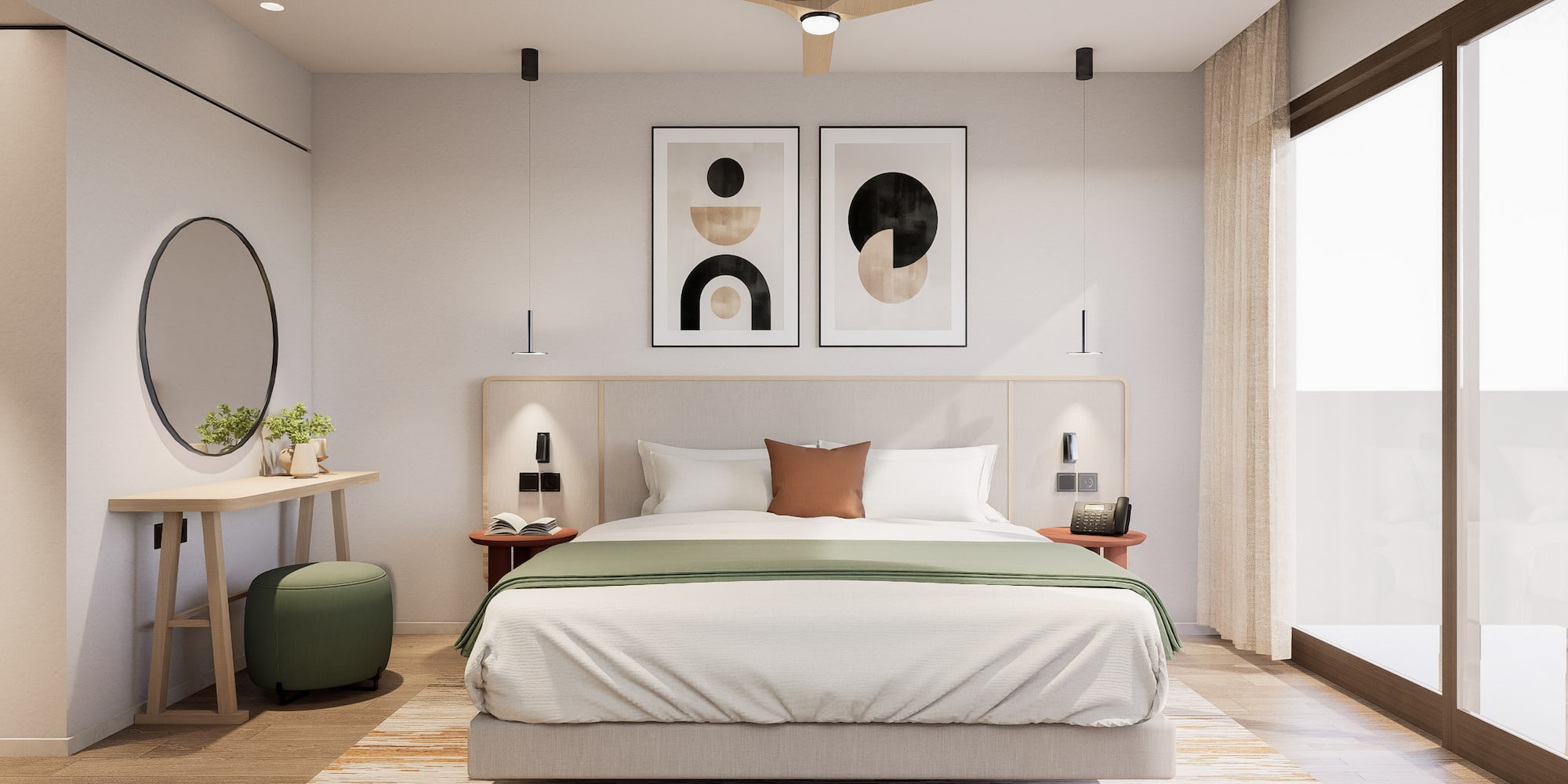 a bedroom with a bed and a desk and artwork