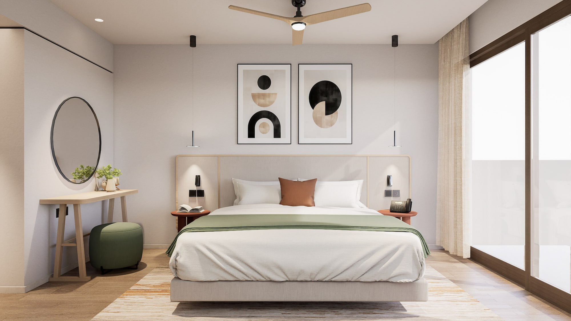 a bedroom with a bed and a desk and artwork