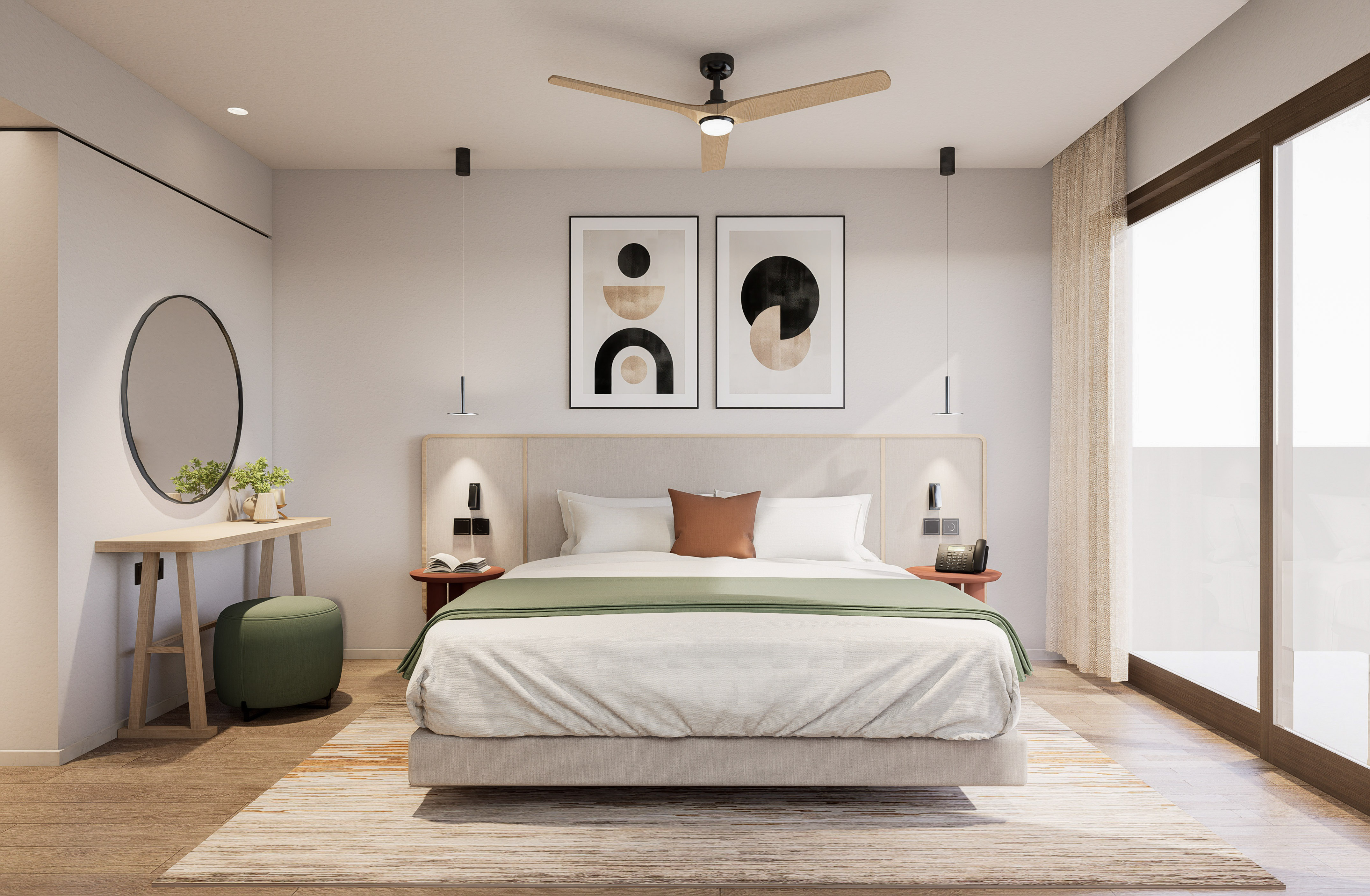 a bedroom with a bed and a desk and artwork