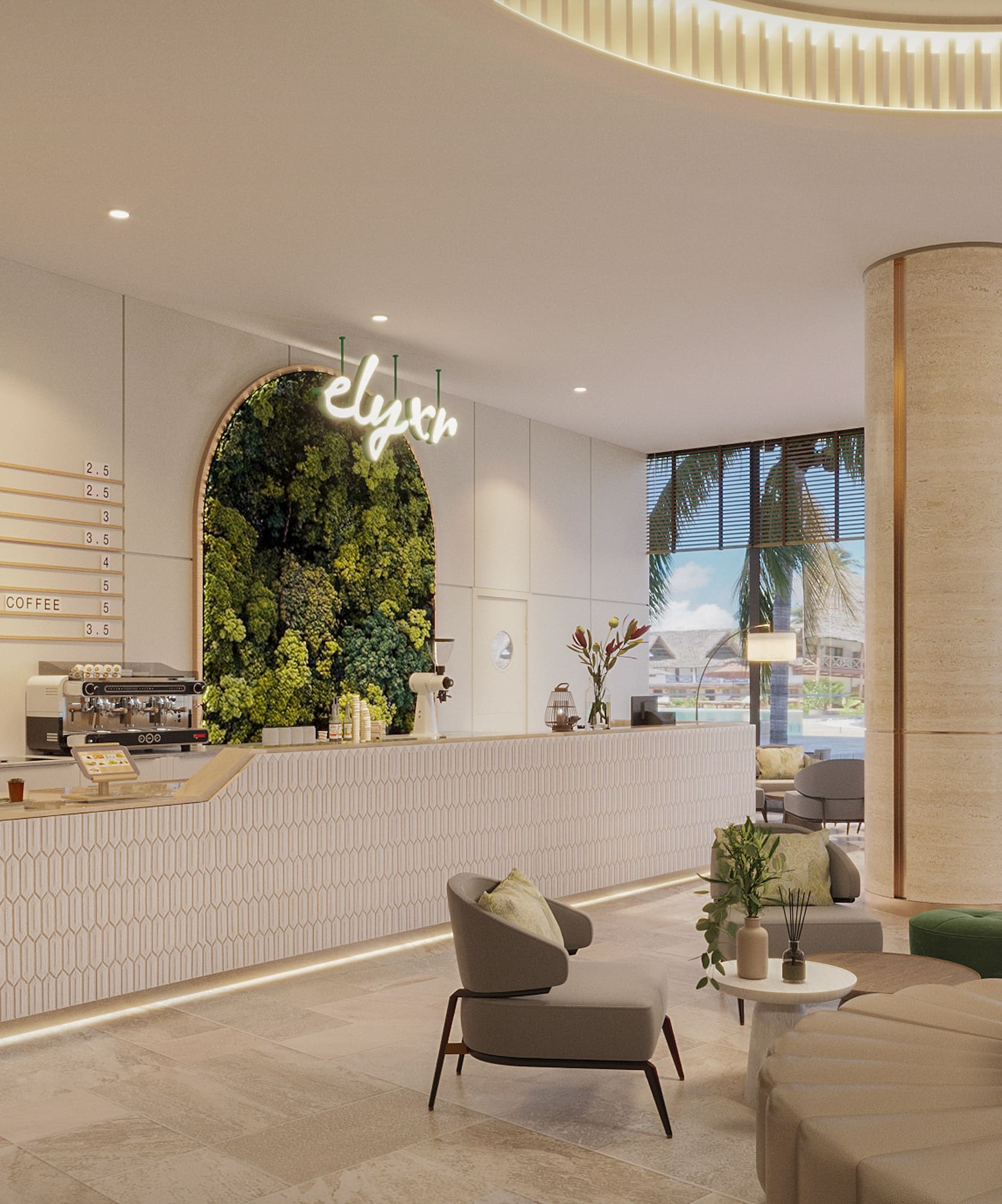 a lobby with a large round table and chairs