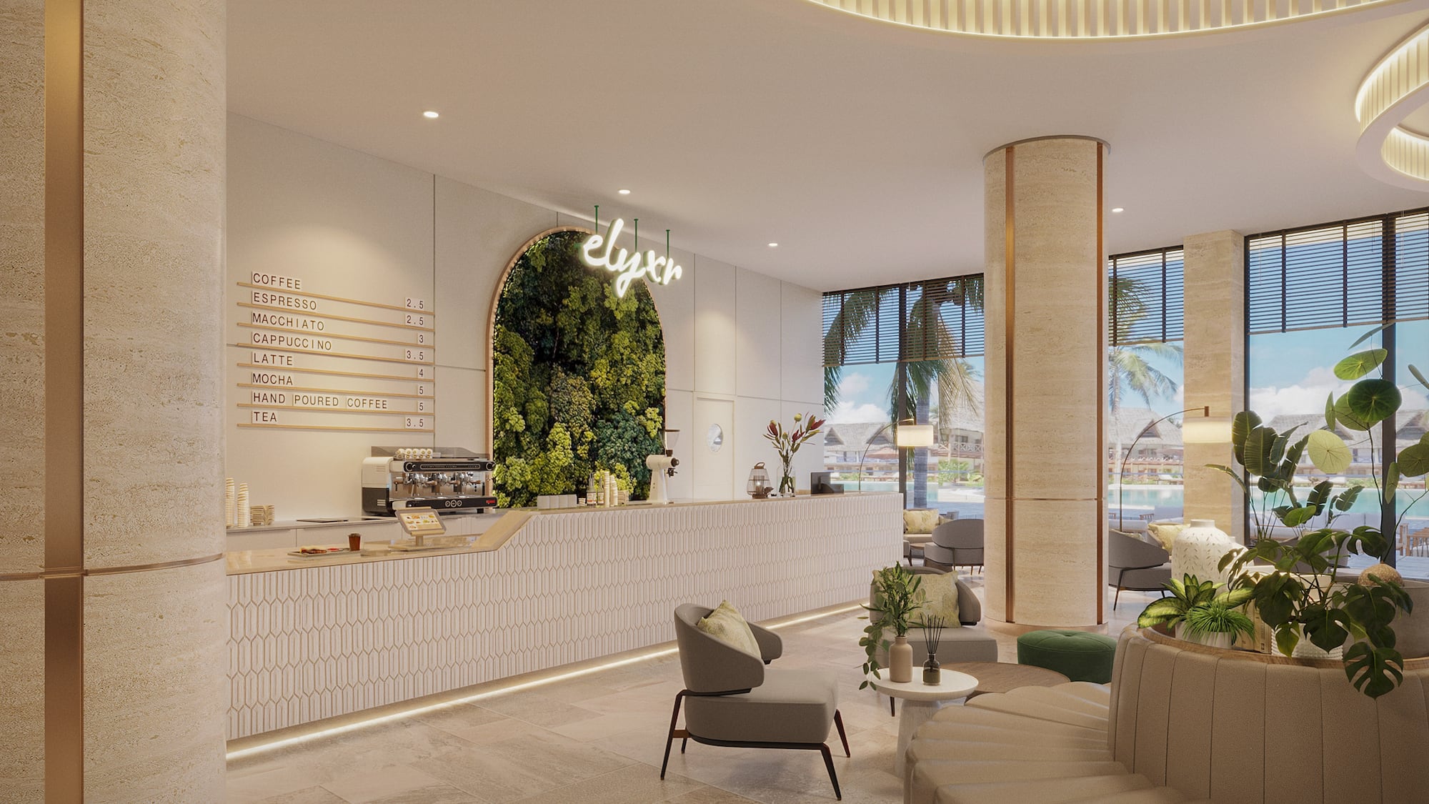 a lobby with a large round table and chairs