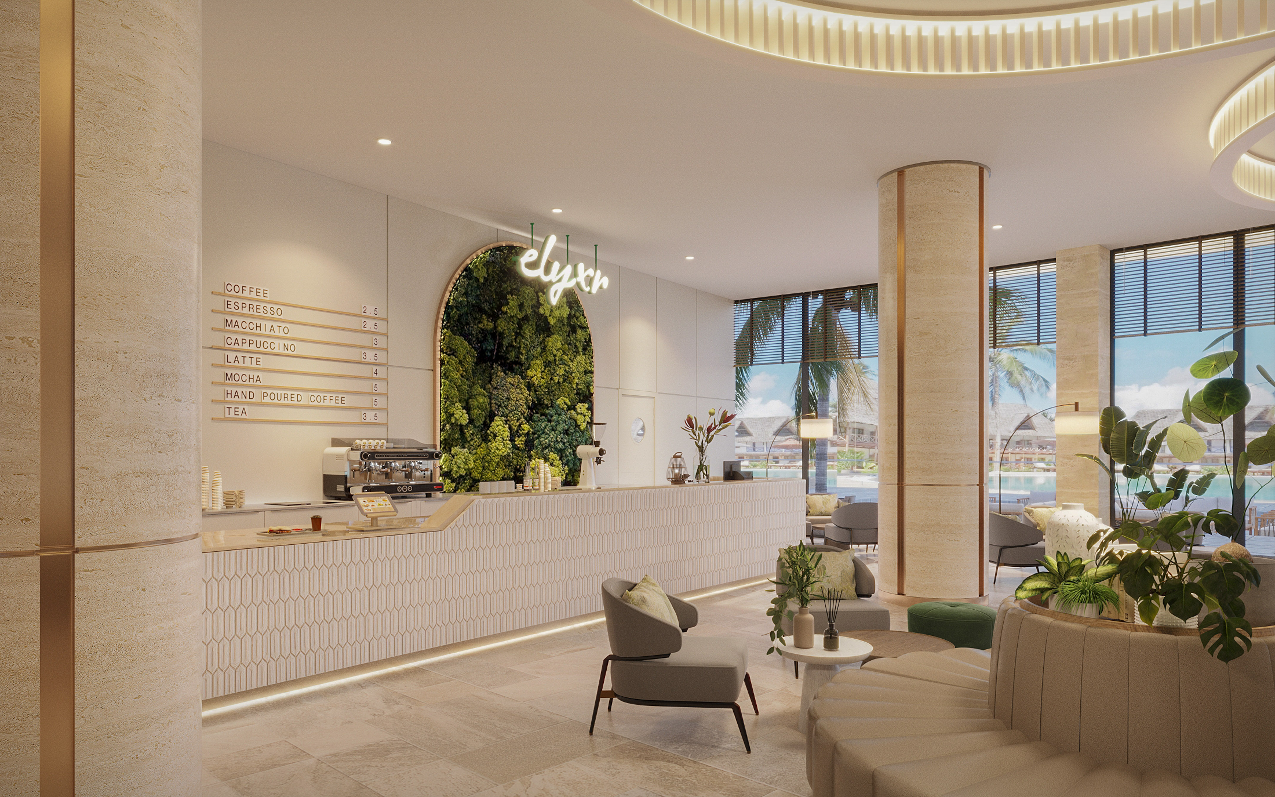 'Elyxr' coffee shop interior with menu, green wall, and modern lounge seating.