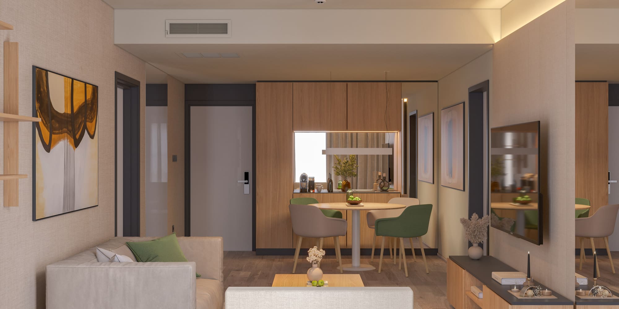 a living room with a couch and a table