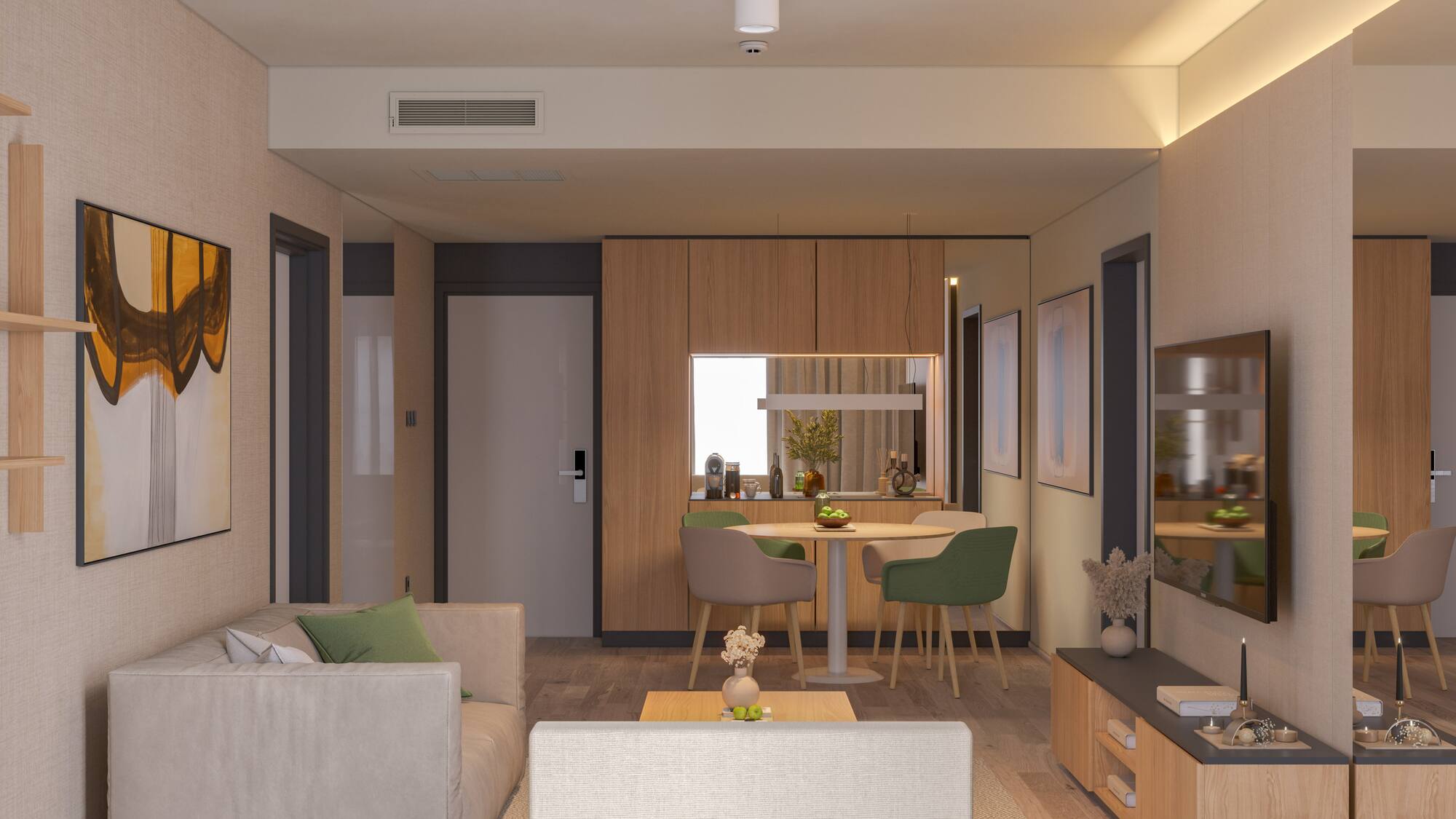 a living room with a couch and a table