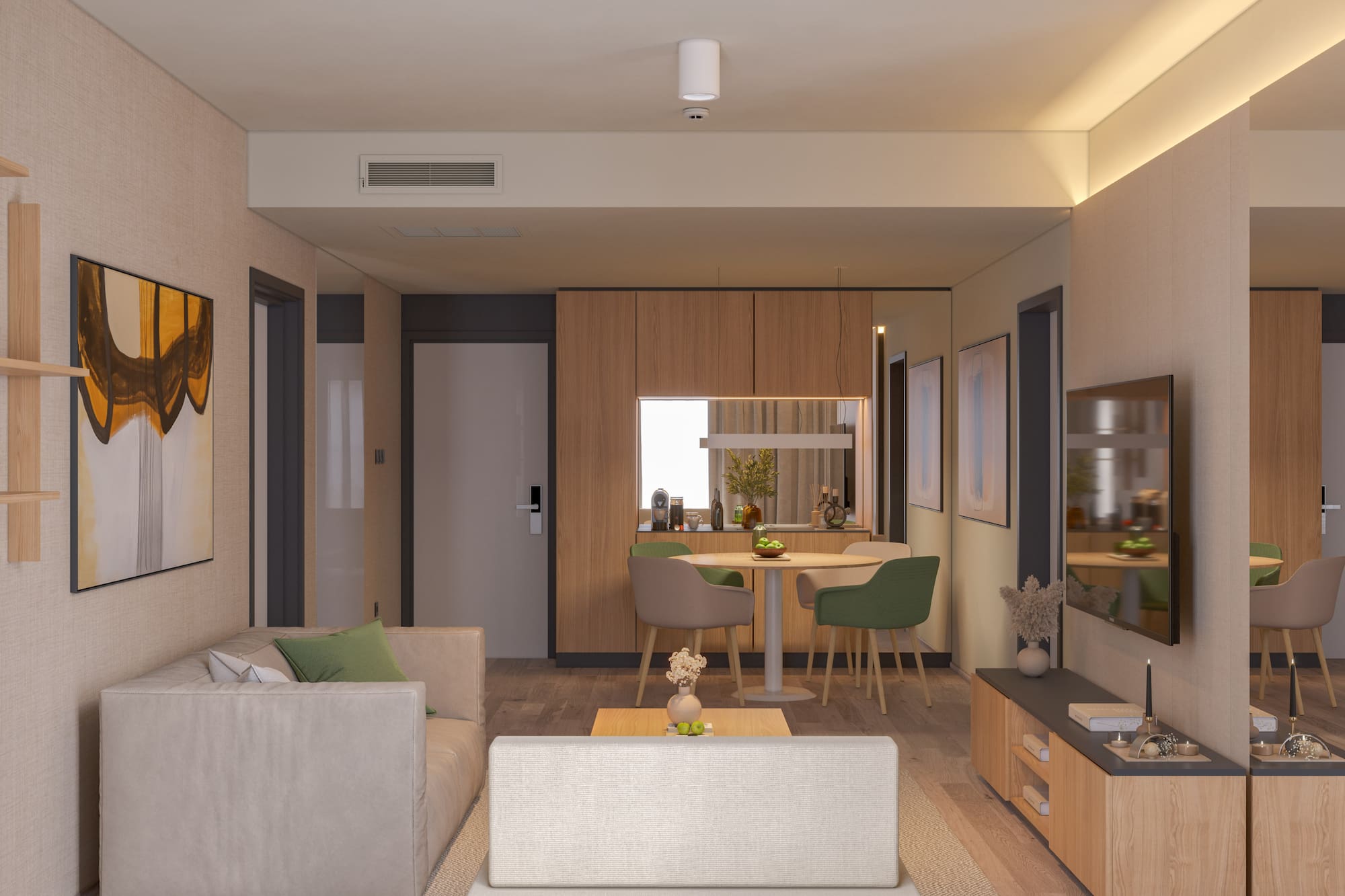 a living room with a couch and a table