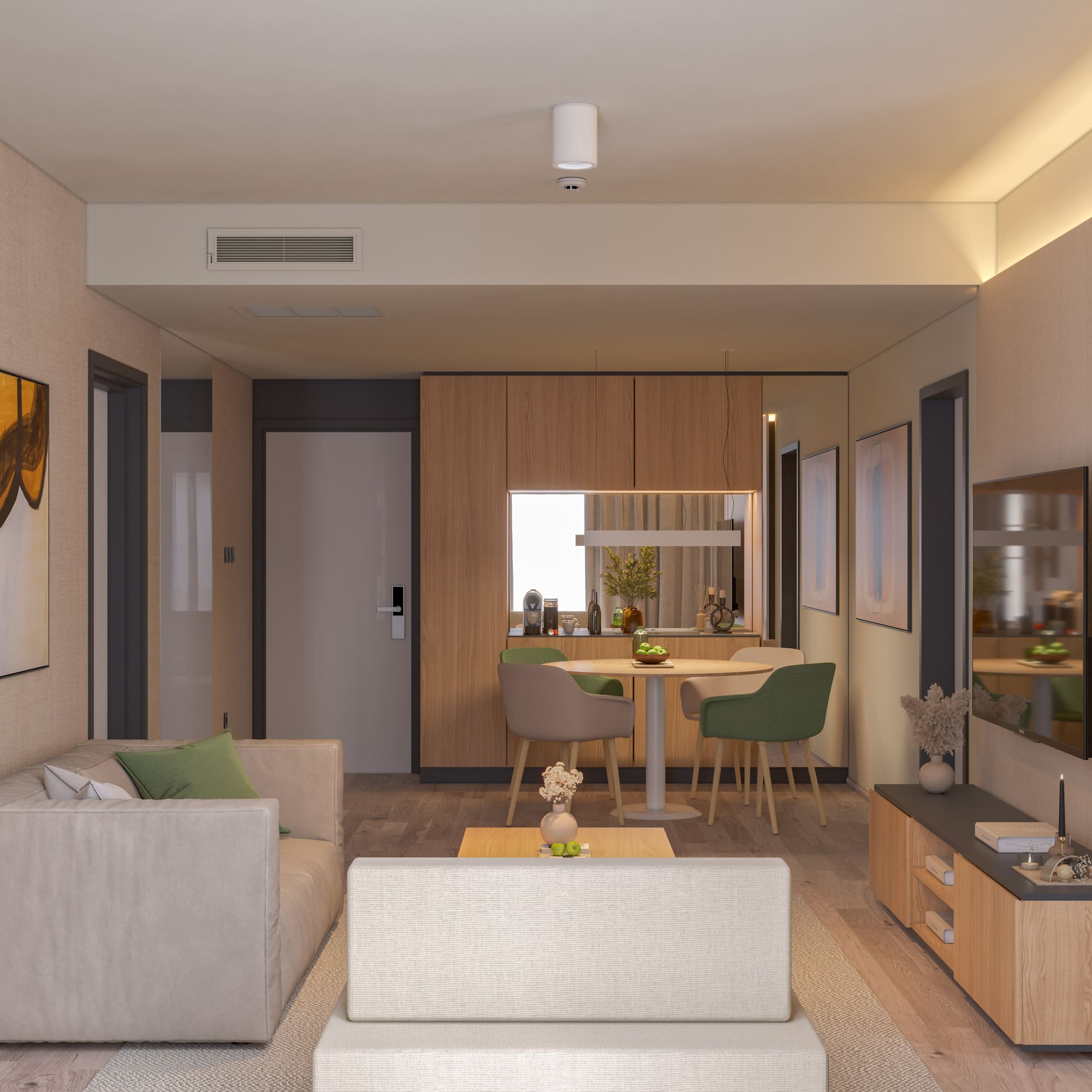 a living room with a couch and a table