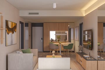 a living room with a couch and a table