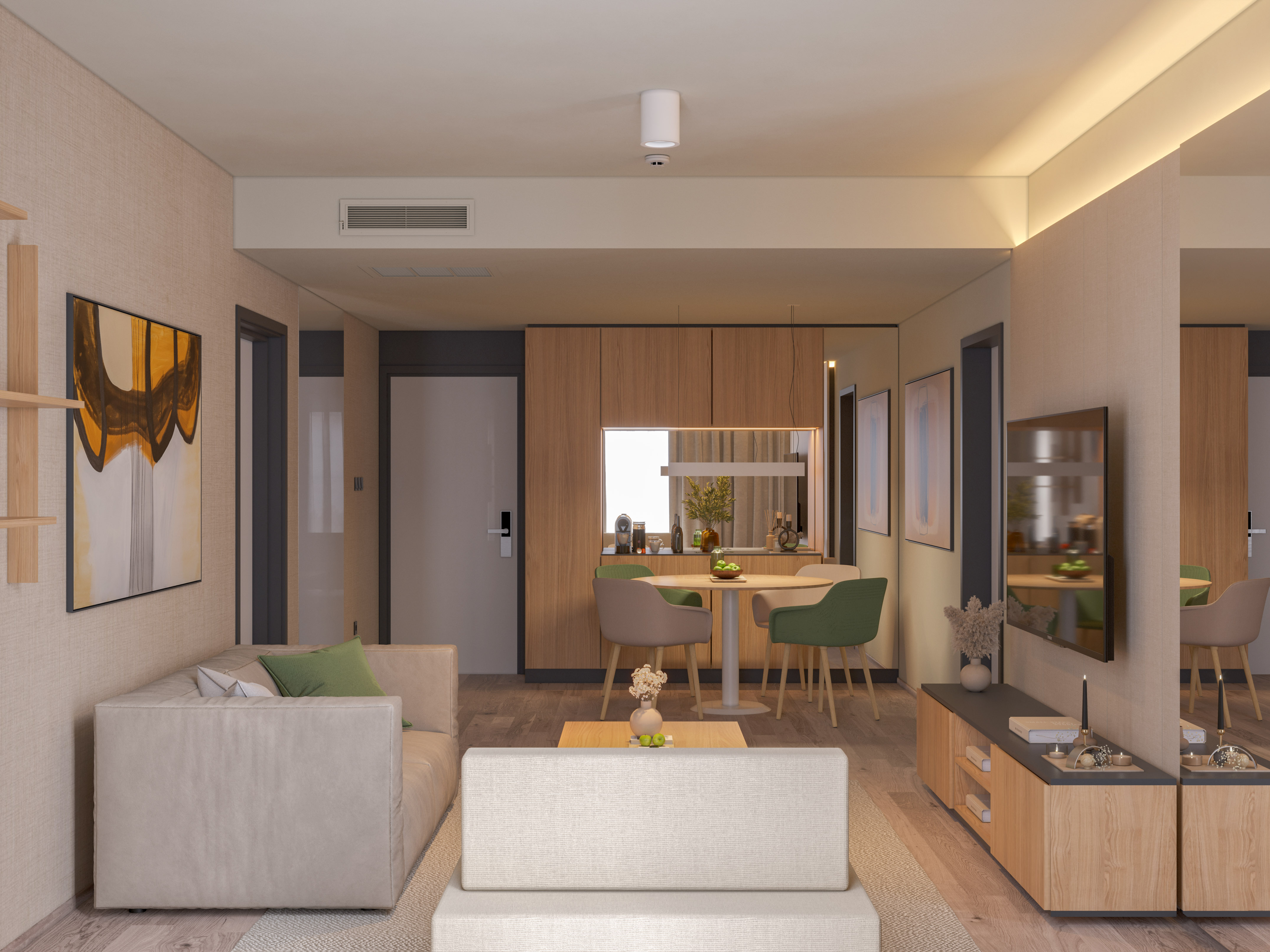 a living room with a couch and a table