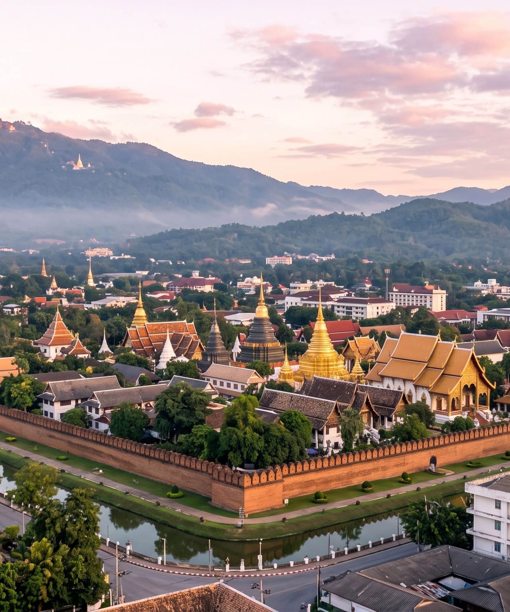 Chiang Mai Old City: temples, moat, wall, and mountains at sunrise.