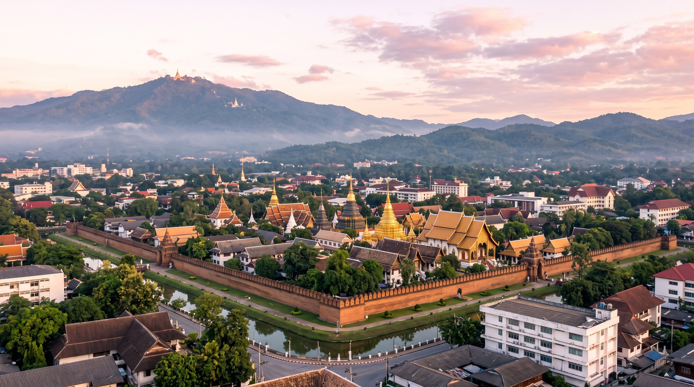 Chiang Mai Old City: temples, moat, wall, and mountains at sunrise.