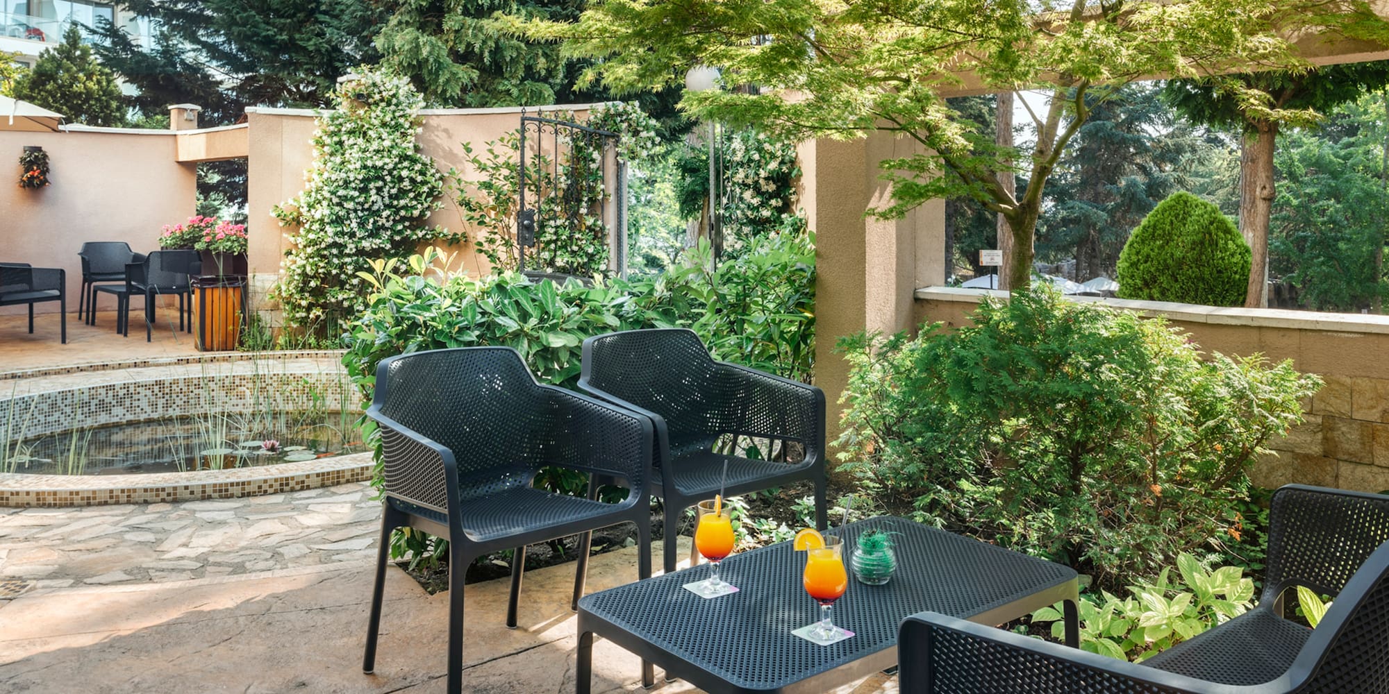 a table and chairs on a patio
