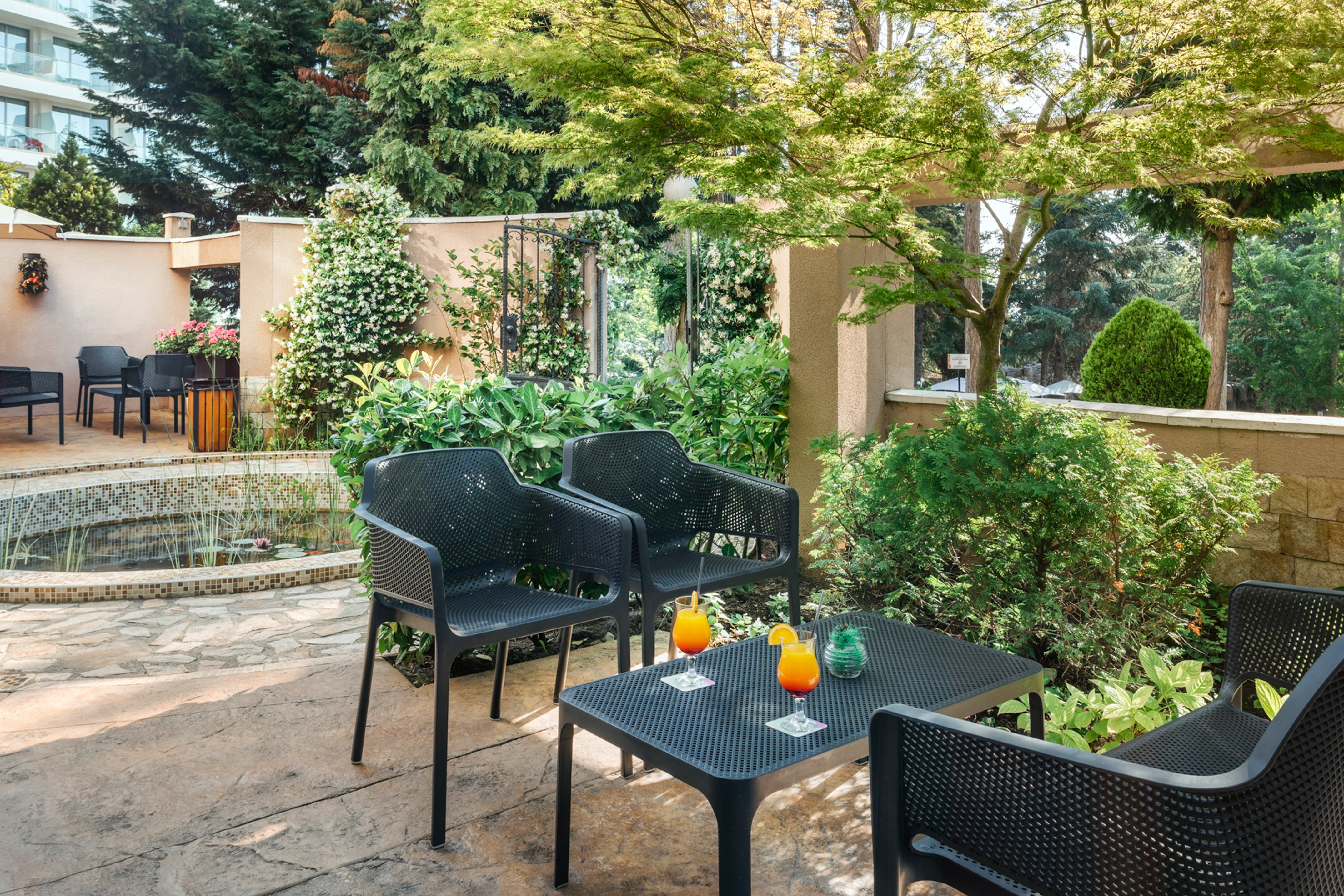 a table and chairs on a patio