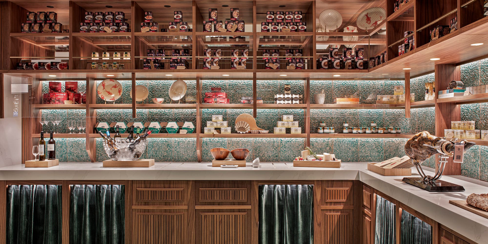 a kitchen with shelves and shelves