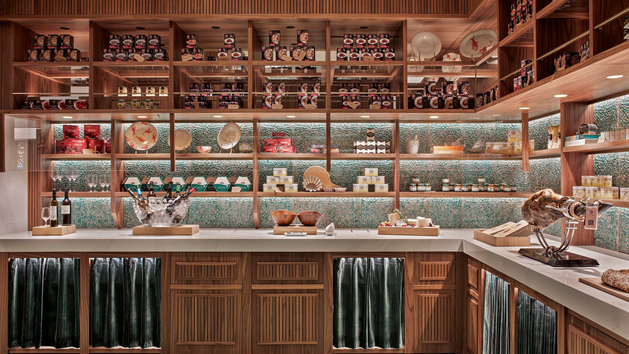 a kitchen with shelves and shelves