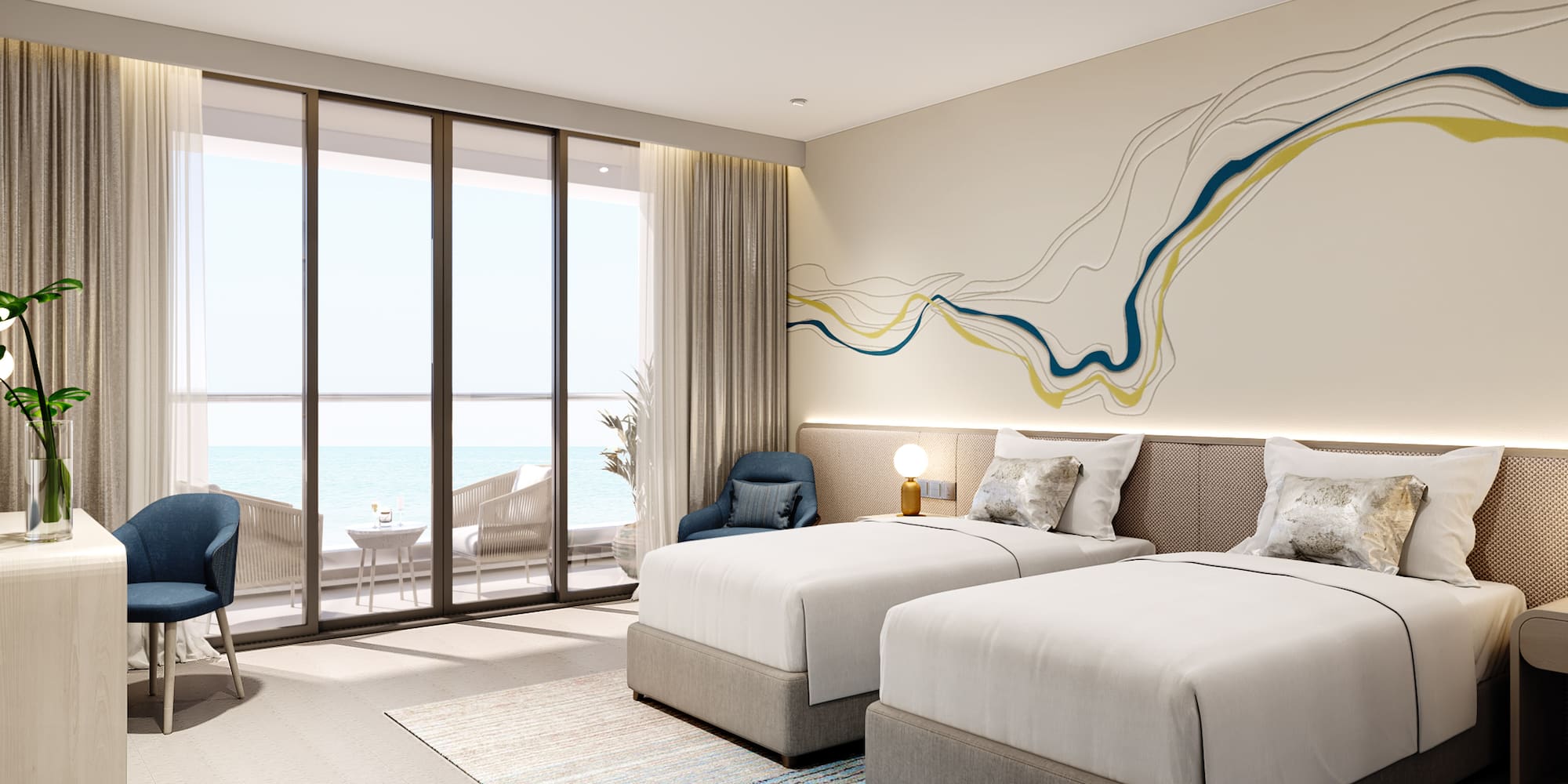 a room with two beds and a view of the ocean