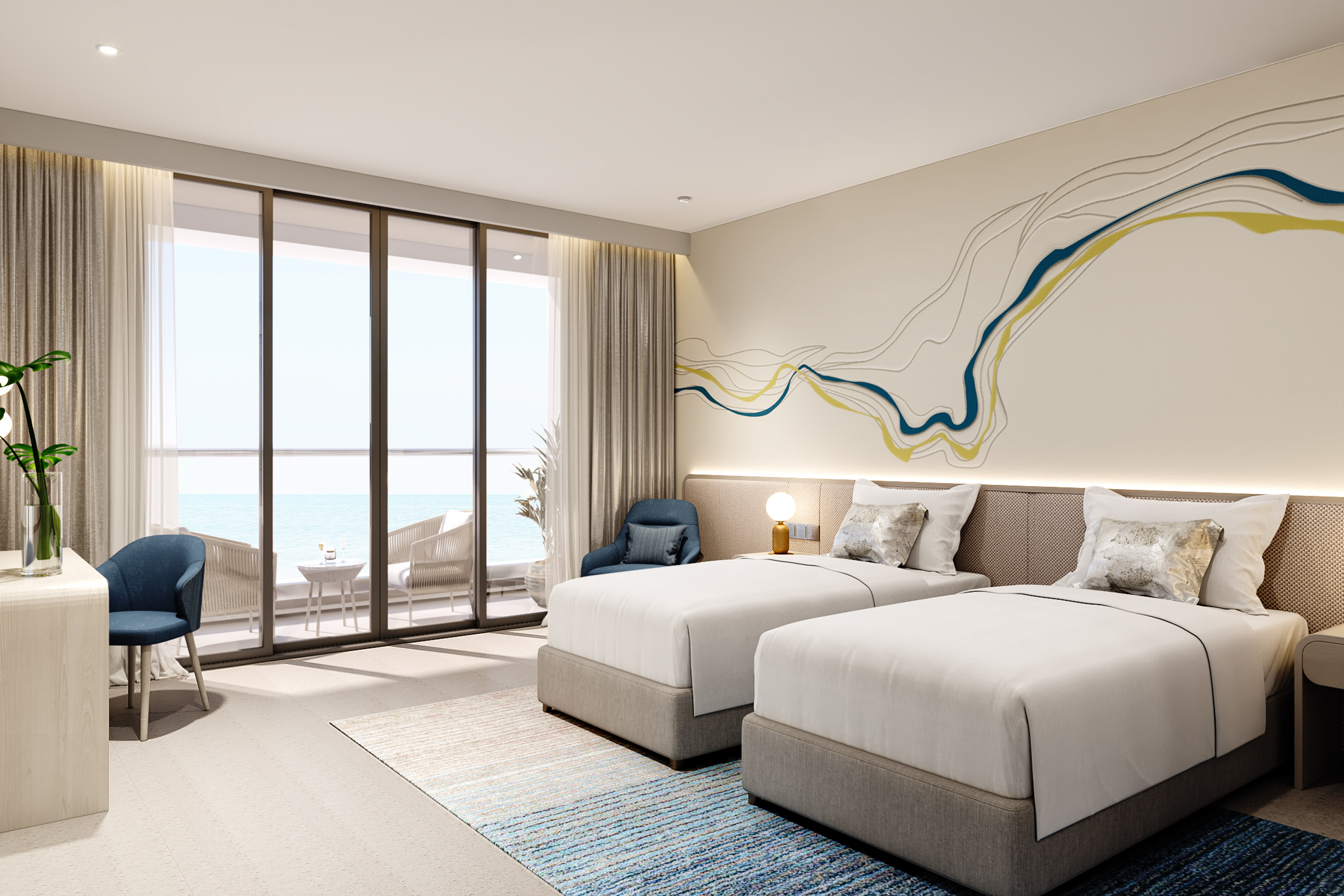 a room with two beds and a view of the ocean