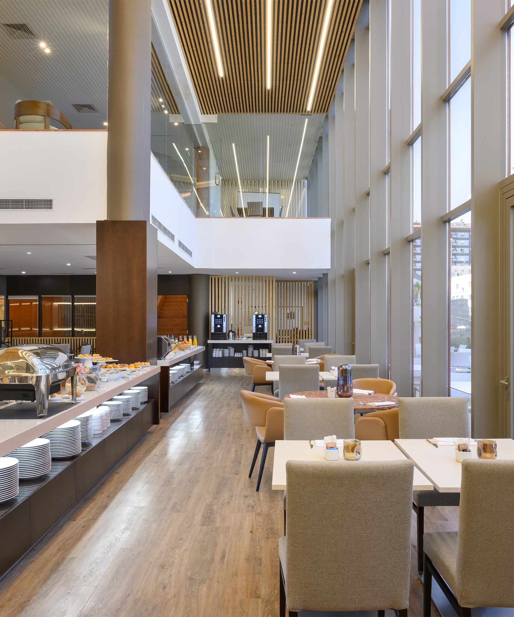 a restaurant with a large window