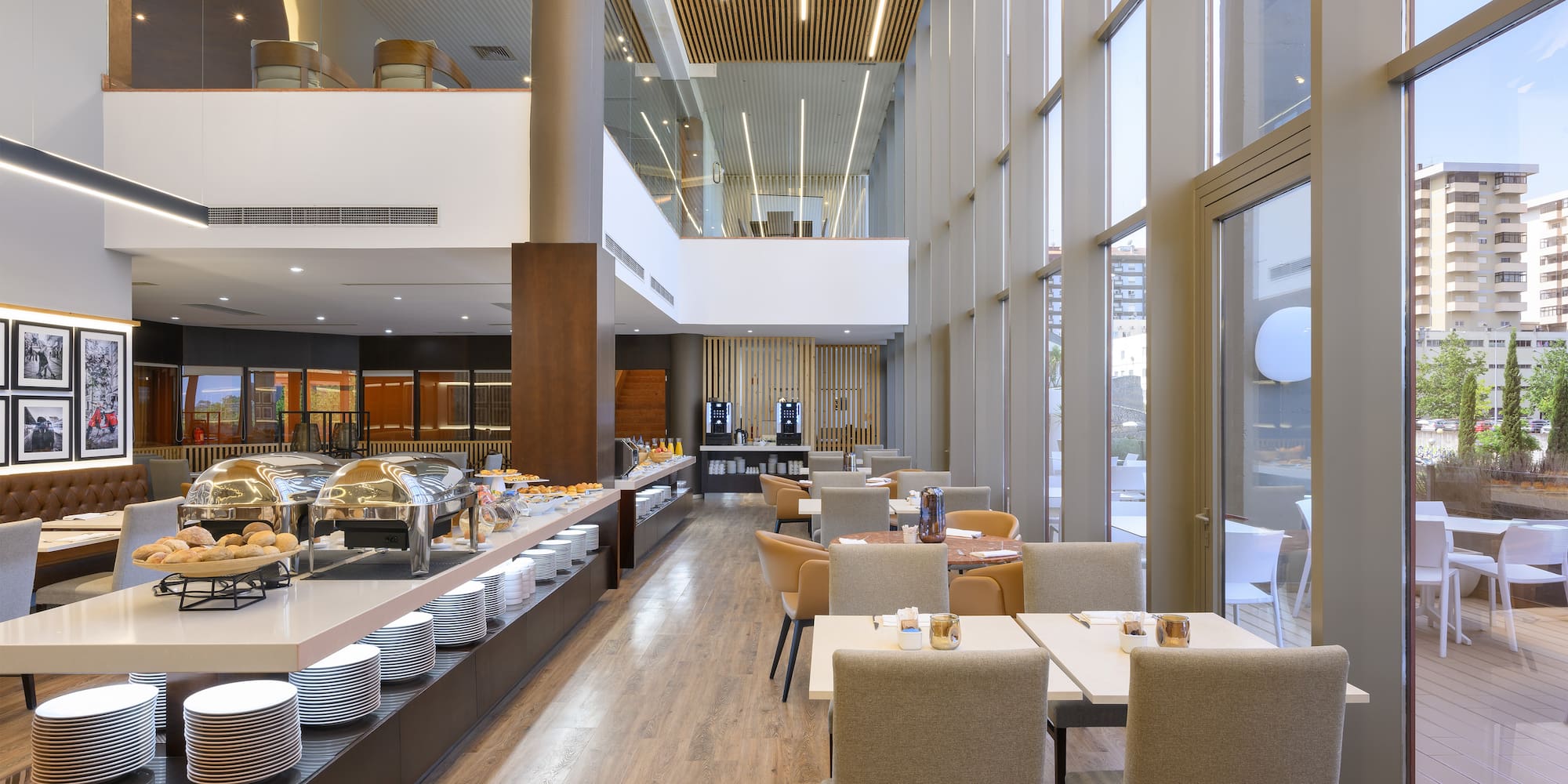 a restaurant with a large window