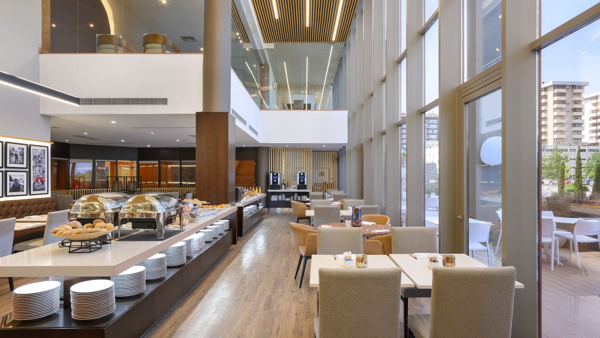 a restaurant with a large window