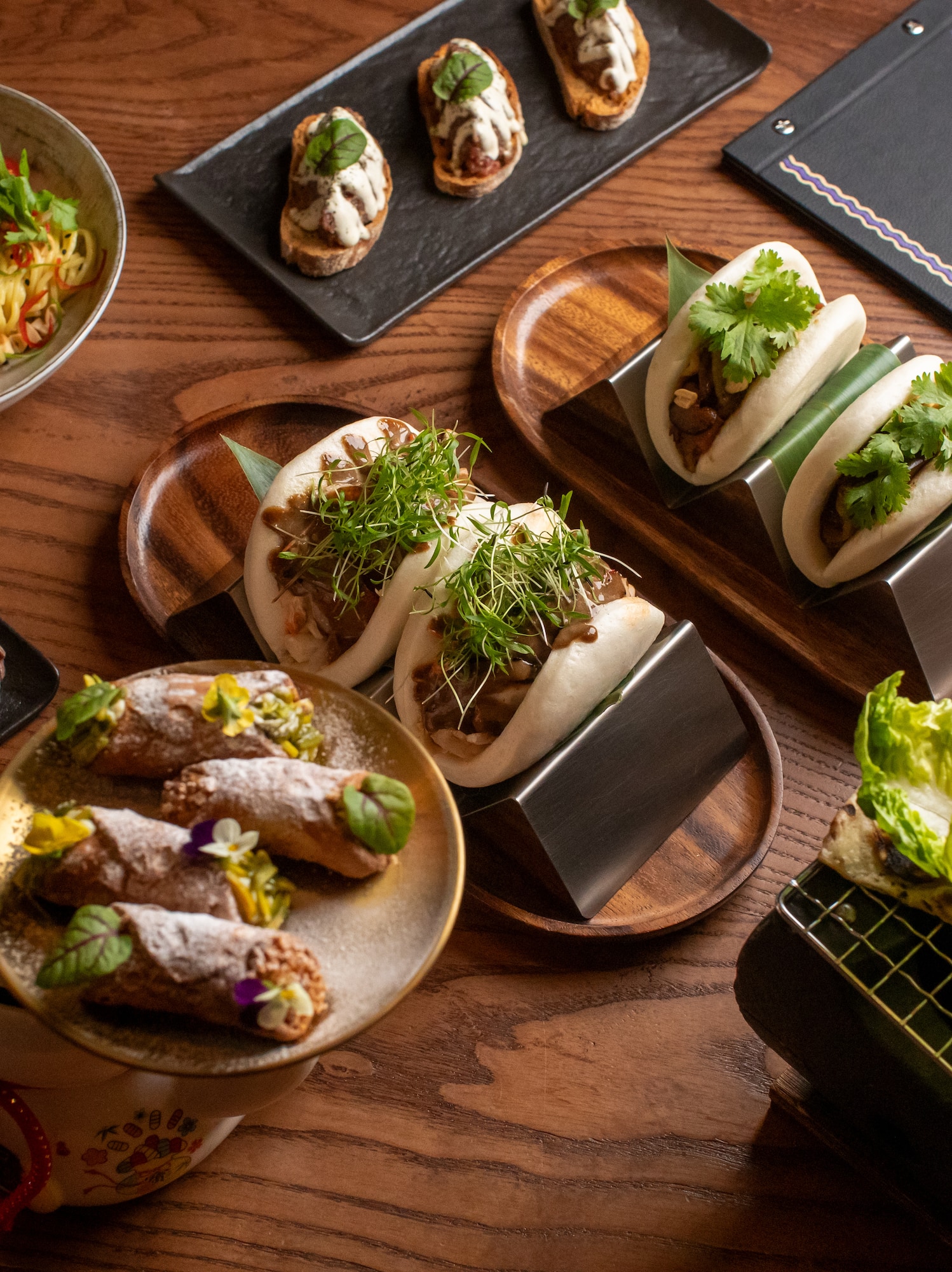 a table with food on plates