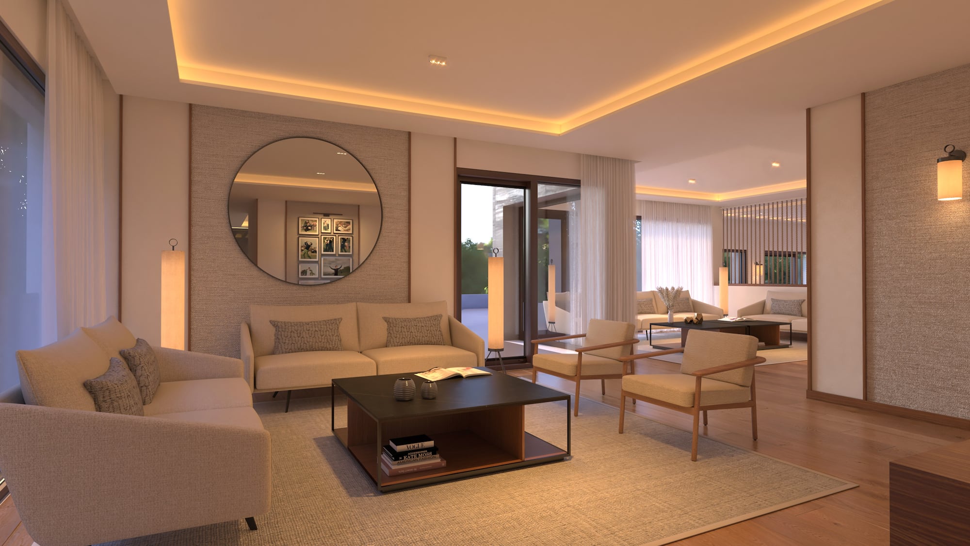 Sala de estar moderna em tons neutros com sofás bege e iluminação embutida. - Hotel Golf Santa Ponsa Meliá Collection, Maiorca