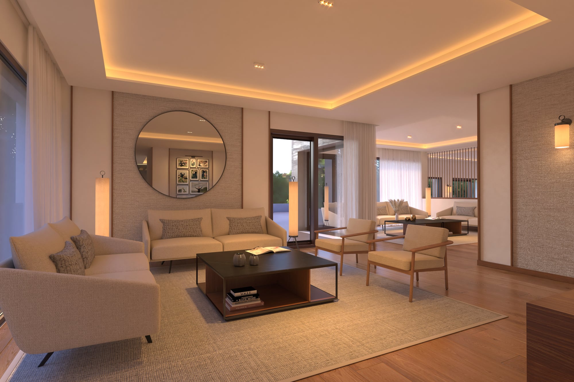 Modernes Wohnzimmer mit hellem Sofa, Sesseln und indirekter LED-Beleuchtung - Hotel Golf Santa Ponsa Meliá Collection, Mallorca