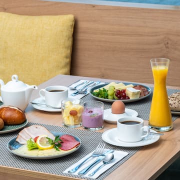 a table with food and drinks