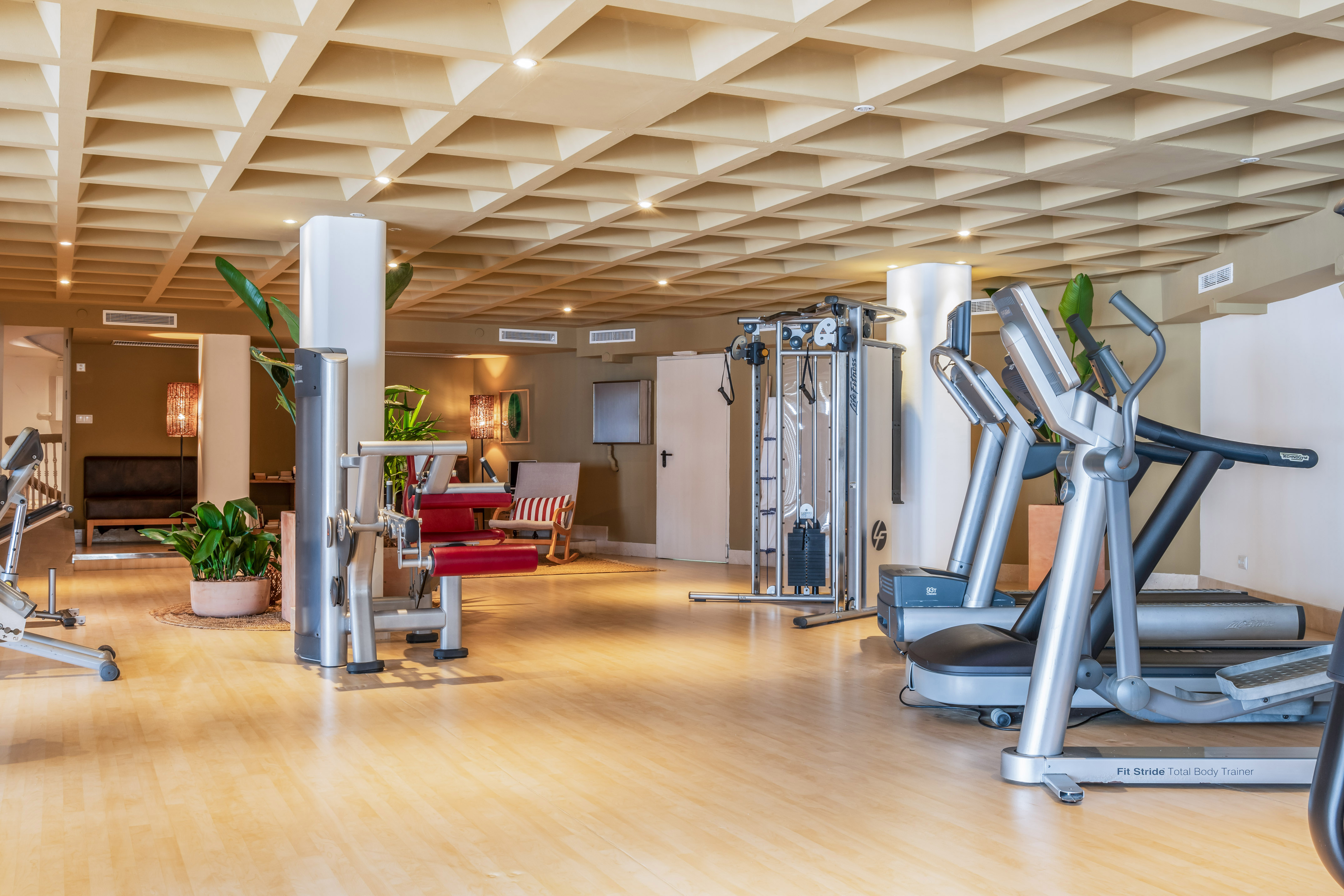 Modern gym interior with diverse fitness equipment and coffered ceiling.