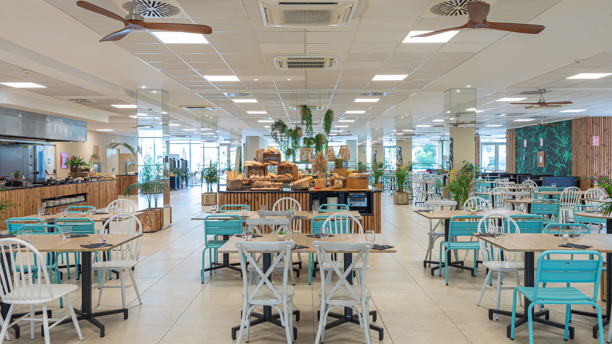 a room with tables and chairs