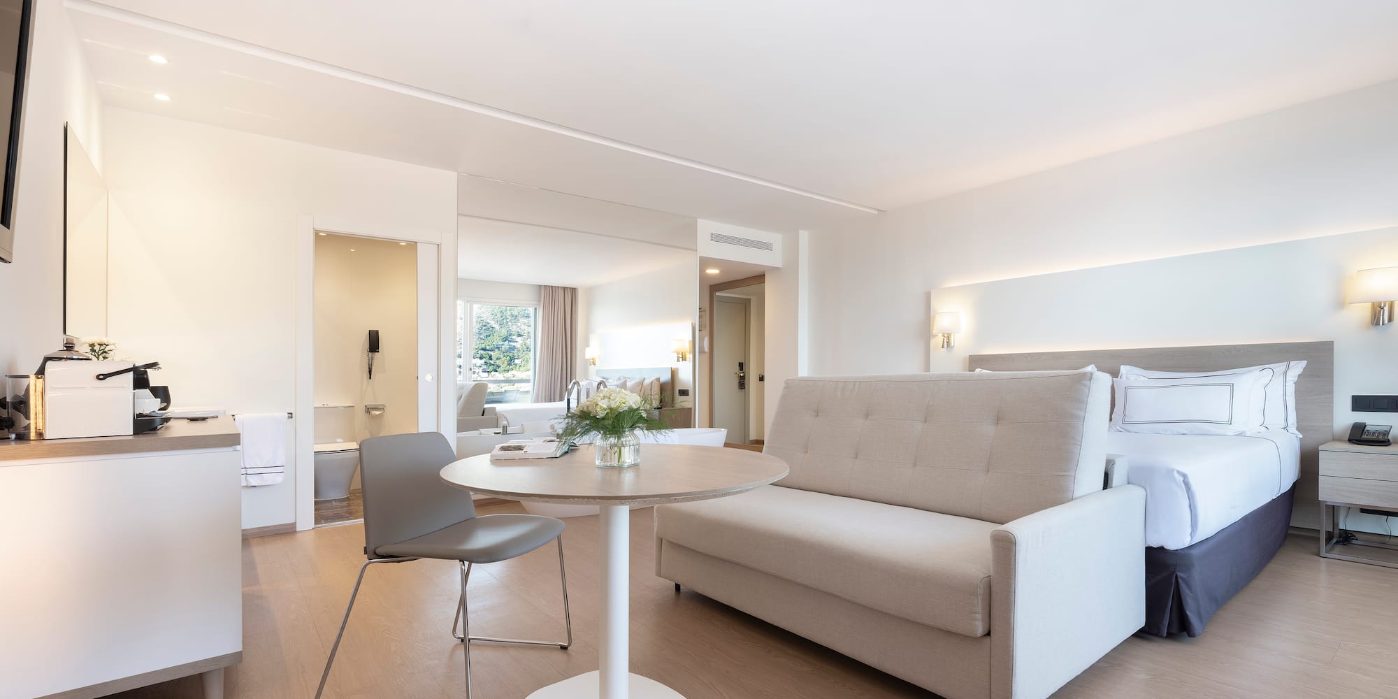 a room with a couch and a table