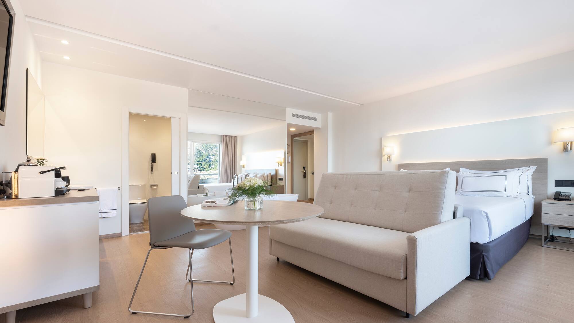 a room with a couch and a table