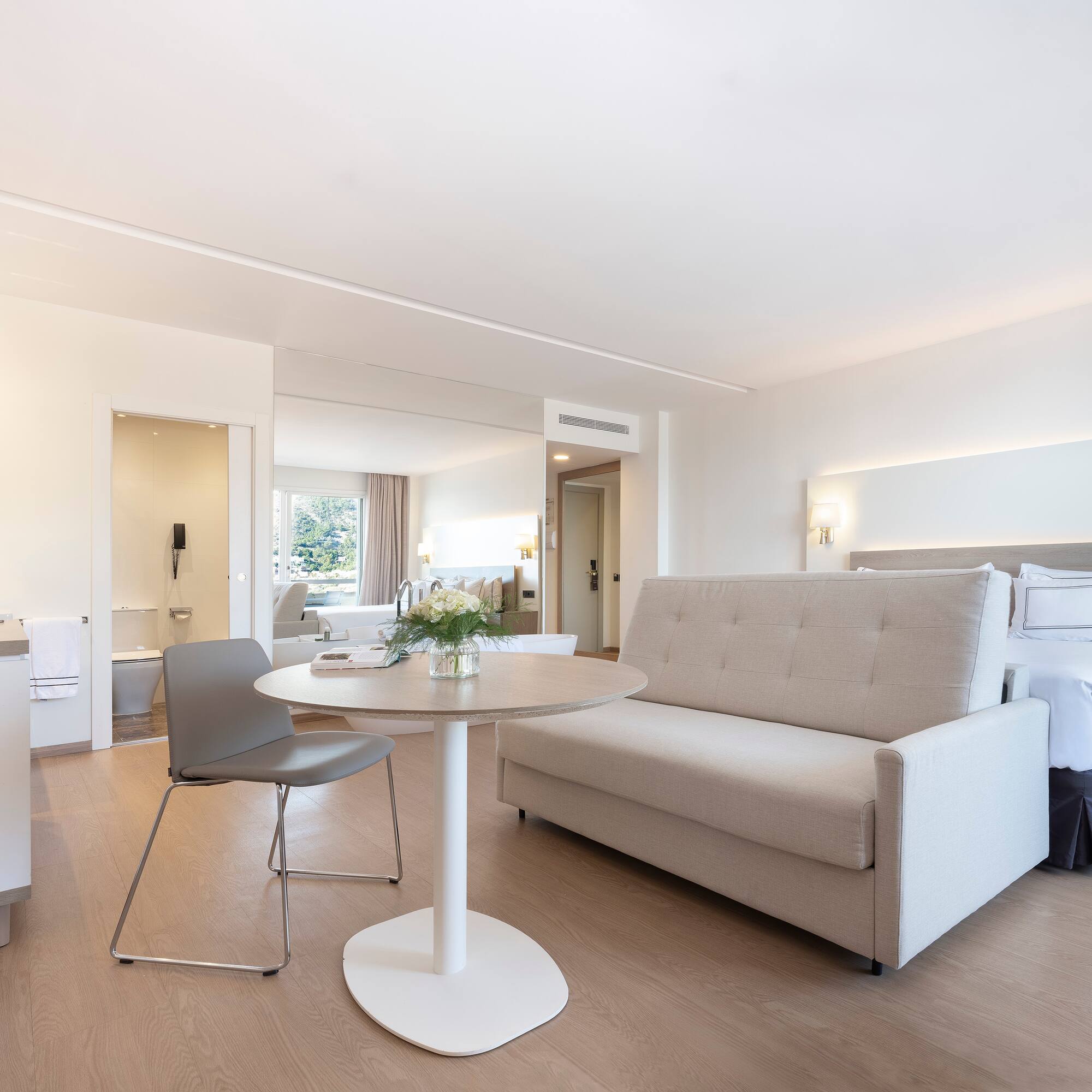 a room with a couch and a table