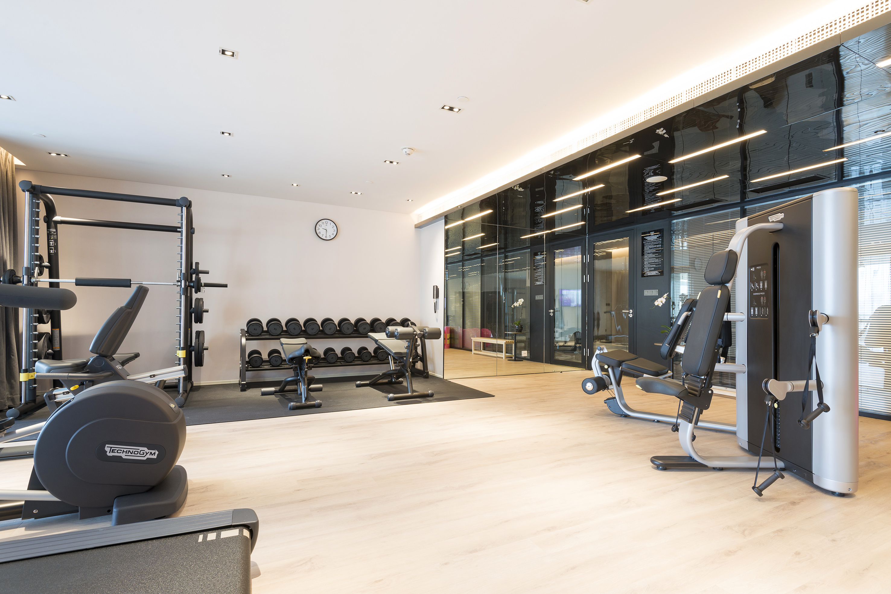 Modern gym with Technogym equipment, free weights, and exercise machines.