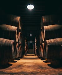 a row of barrels in a dark room