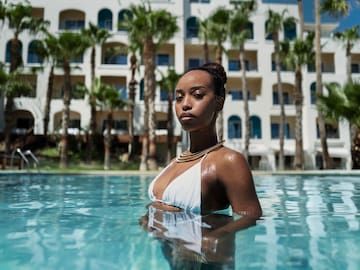 a woman in a pool