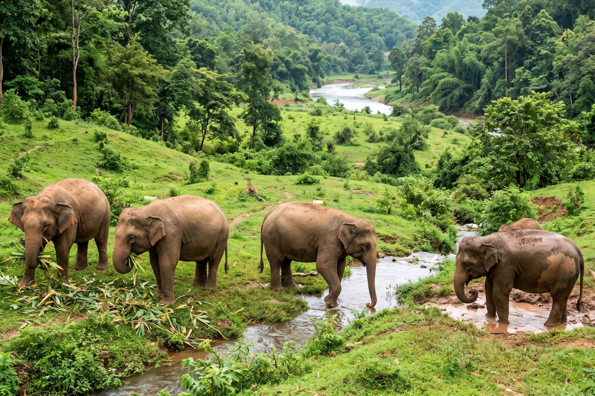 Four elephants eating and bathing in a lush jungle river.