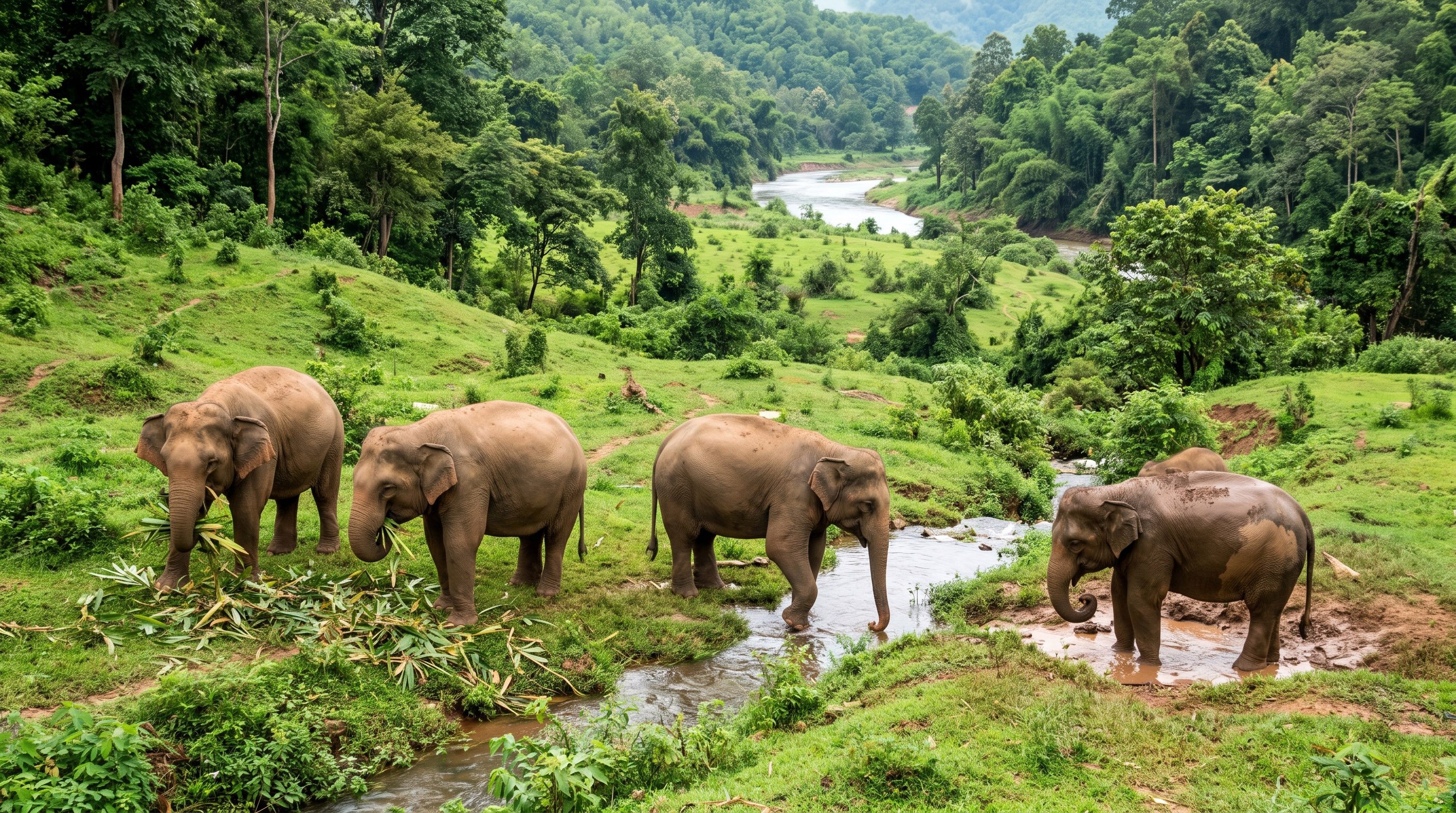 Four elephants eating and bathing in a lush jungle river.