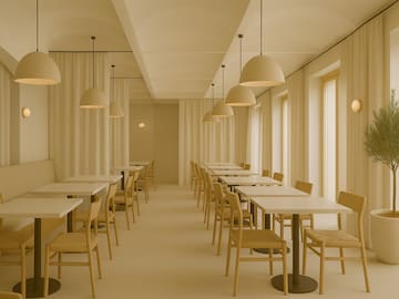 a room with tables and chairs