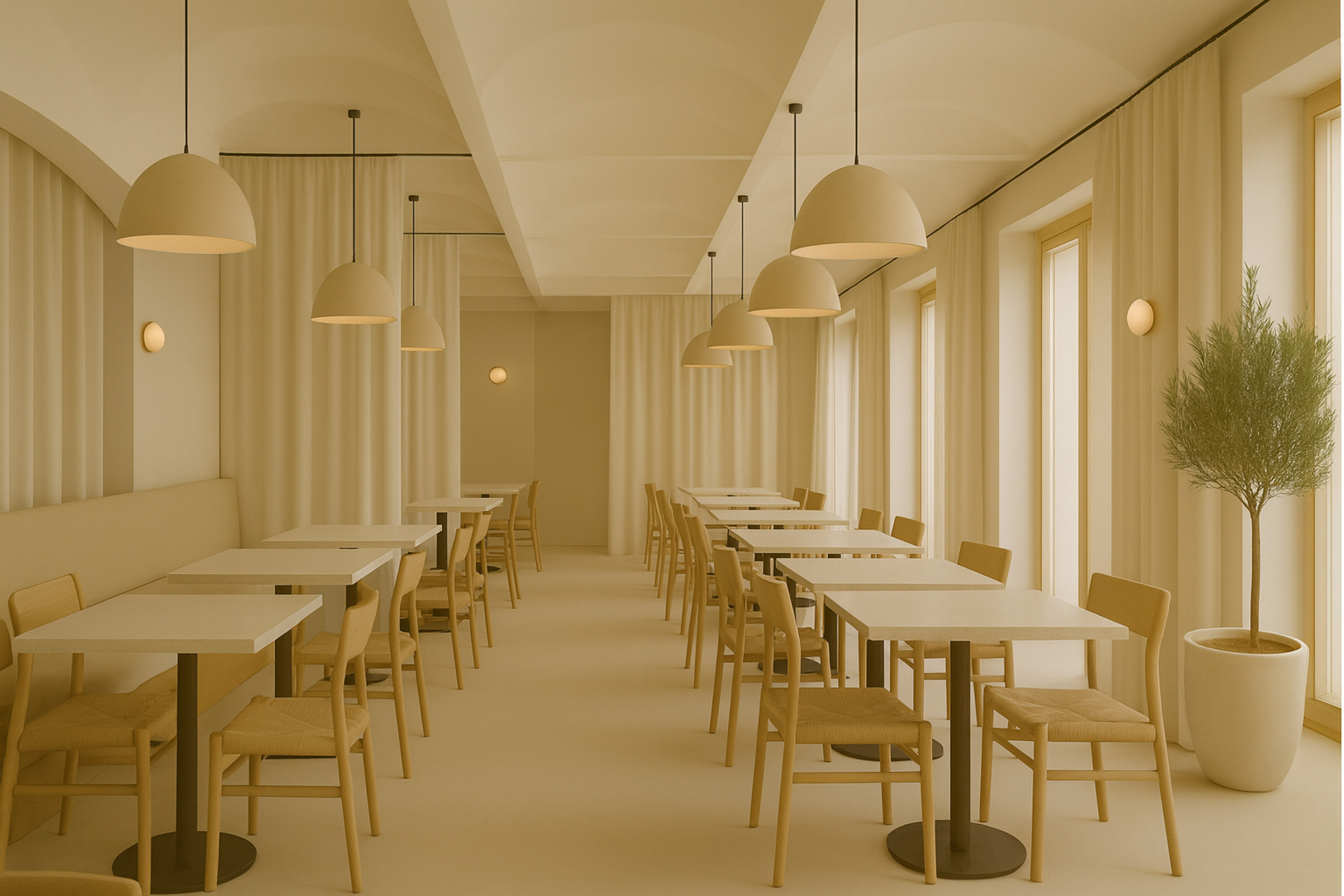 a room with tables and chairs