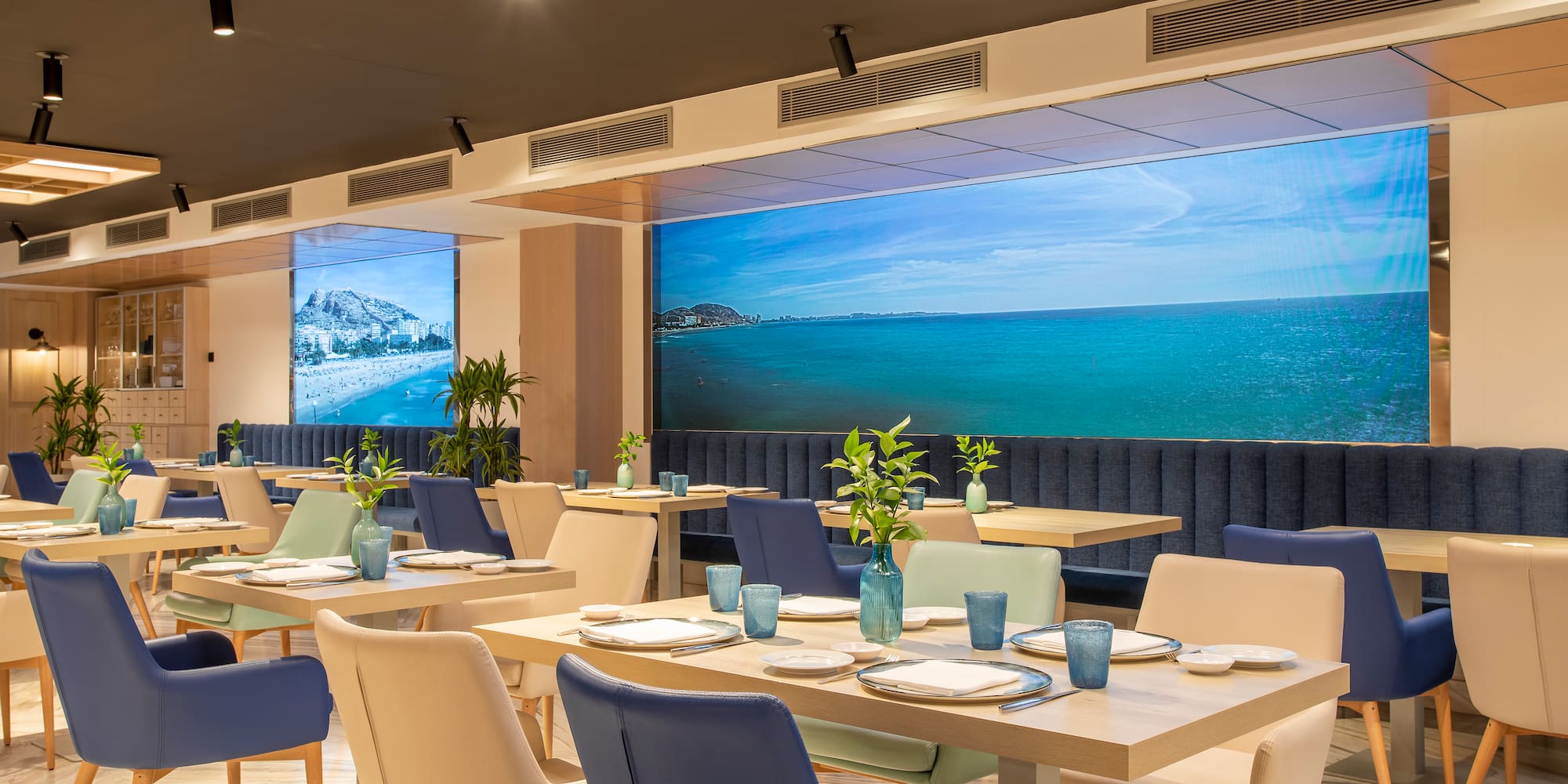 a room with tables and chairs