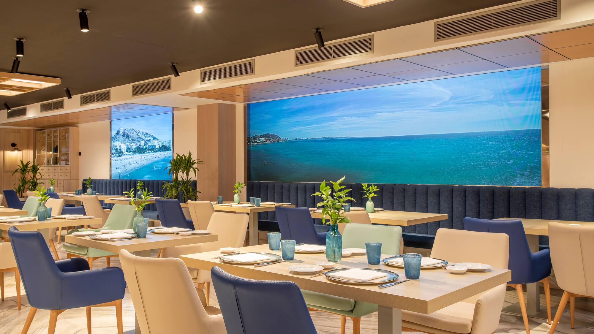 a room with tables and chairs