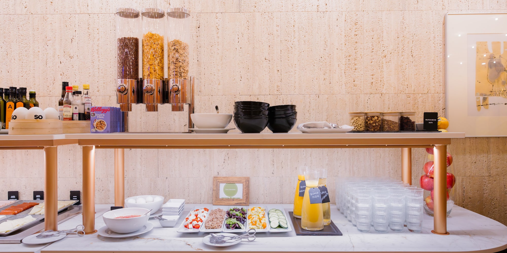 a buffet table with food and drinks