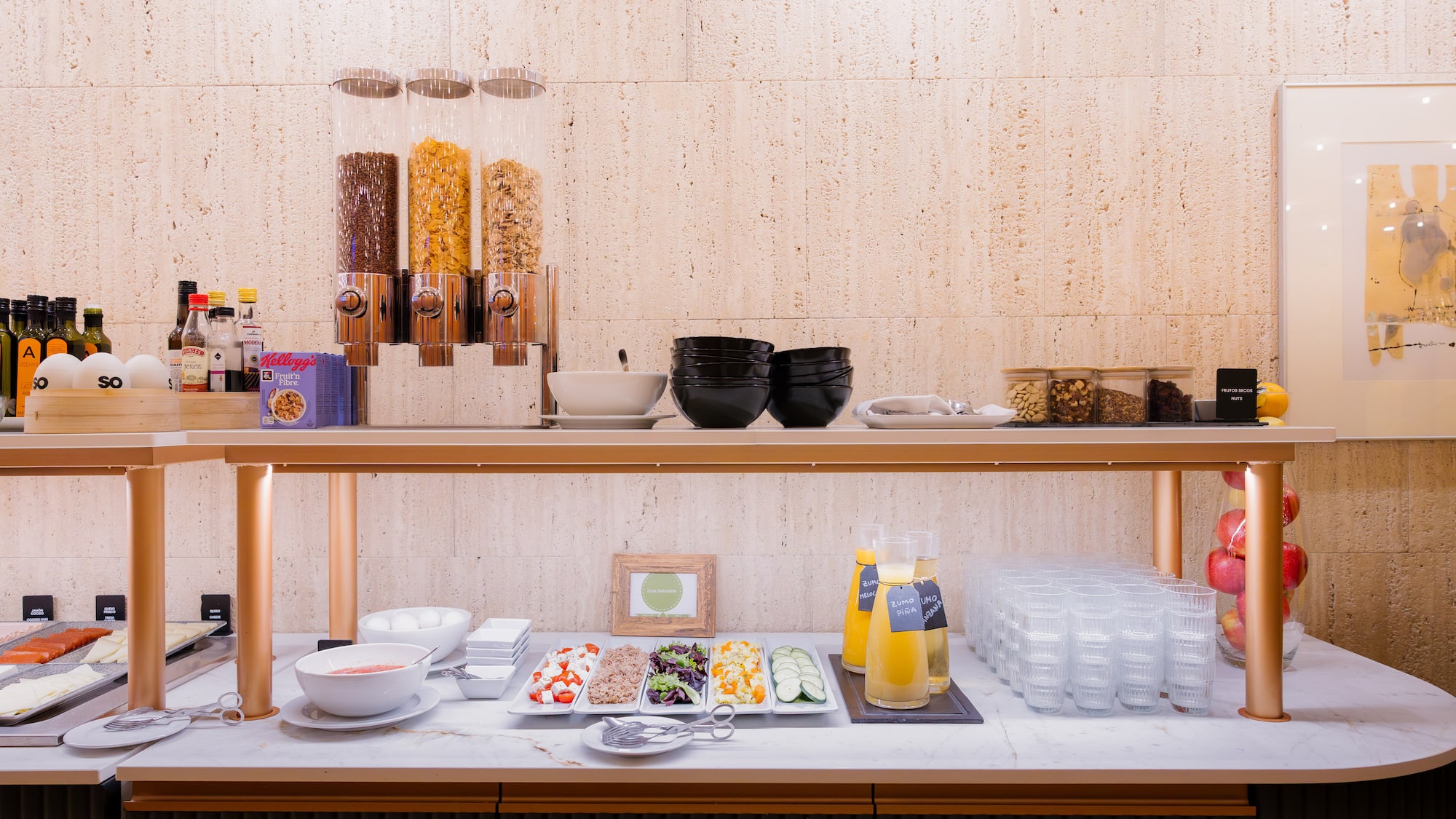 a buffet table with food and drinks