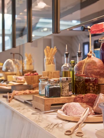 a counter with food items on it