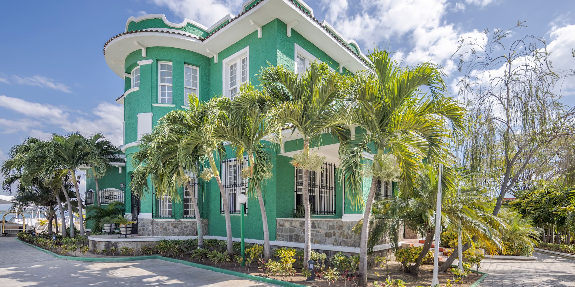 a green house with palm trees