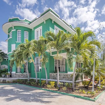 a green house with palm trees