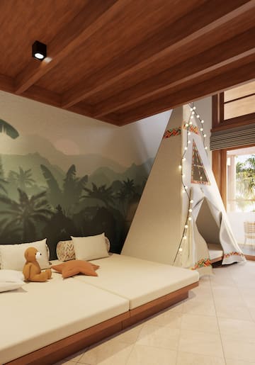 a room with a teepee and a bed