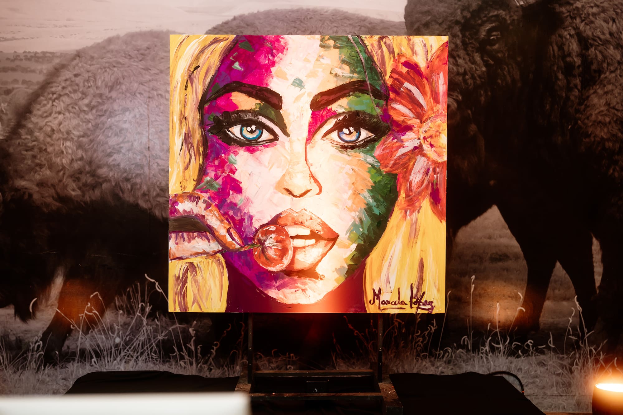 a painting of a woman with a flower on a stick