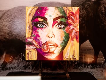 a painting of a woman with a flower on a stick